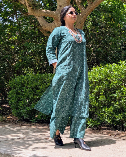 Dark Green Floral Block Print Coord Set
