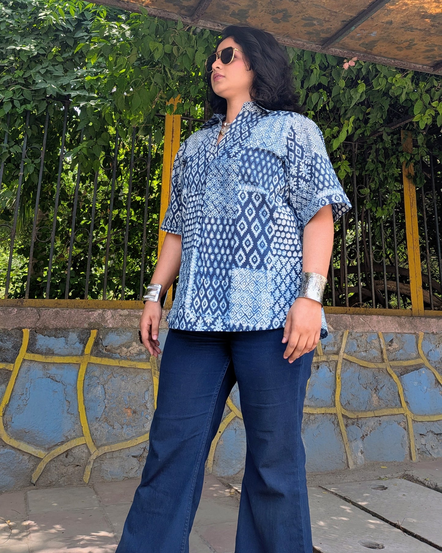 Indigo Multi Print Boxy Cotton Shirt