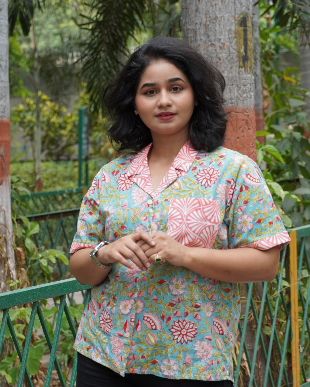 Aqua Blue & Peach Floral Block Print Shirt