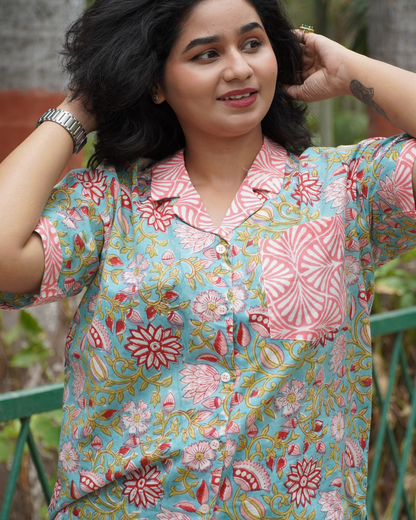 Aqua Blue & Peach Floral Block Print Shirt