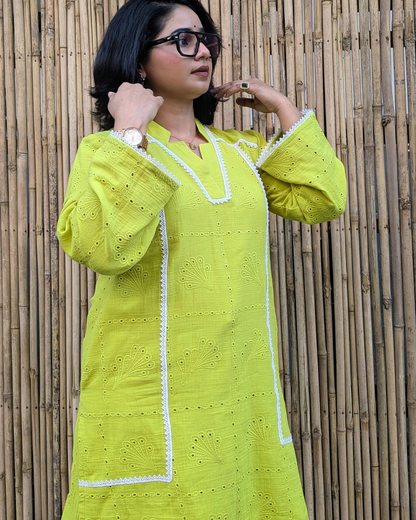 Hakoba Cotton Kurti - Lime Green