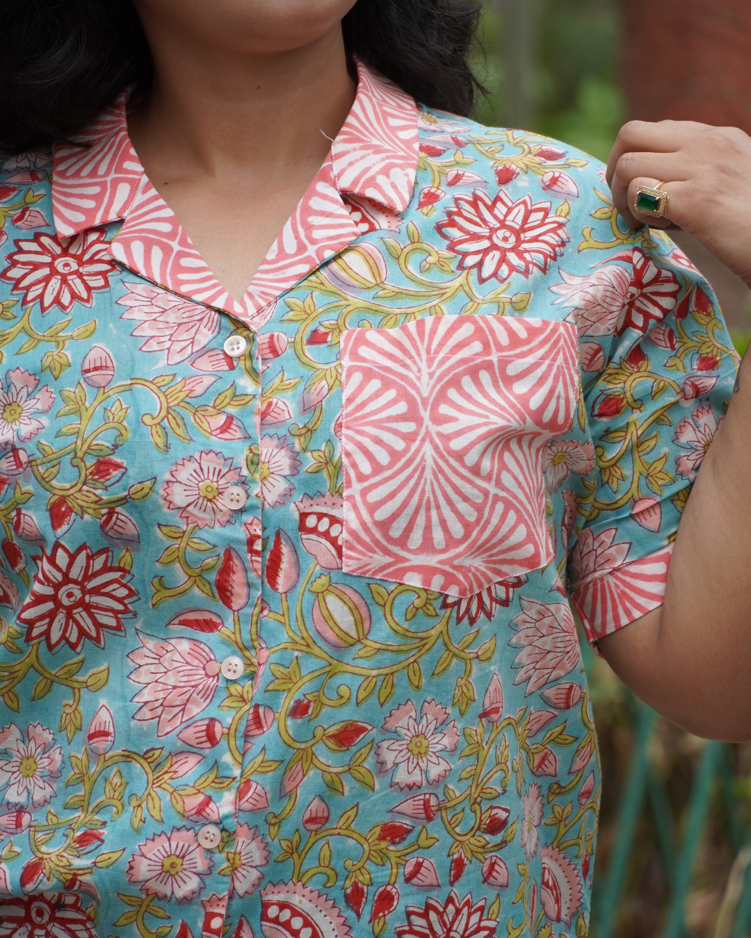 Aqua Blue & Peach Floral Block Print Shirt