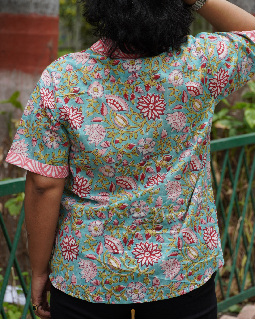 Aqua Blue & Peach Floral Block Print Shirt