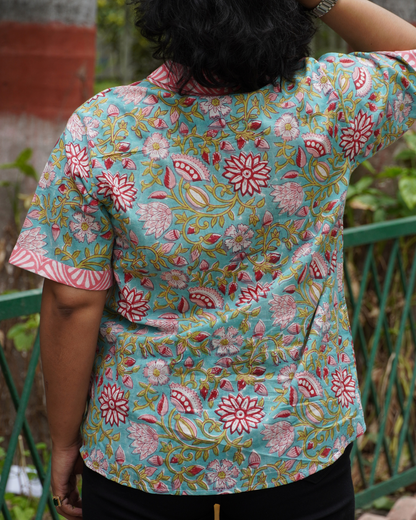 Aqua Blue & Peach Floral Block Print Shirt