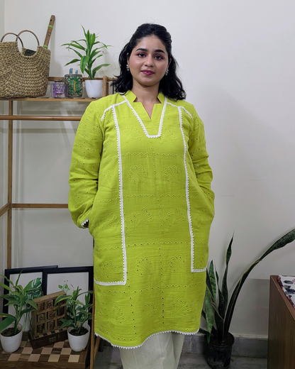 Hakoba Cotton Kurti - Lime Green