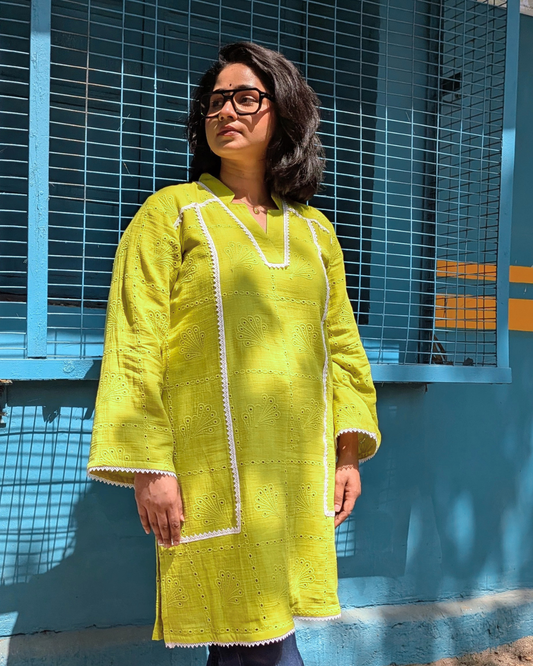 Hakoba Cotton Kurti - Lime Green