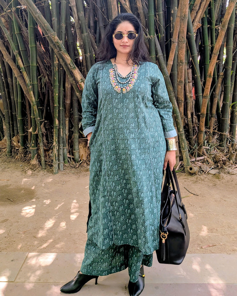 Dark Green Floral Block Print Coord Set