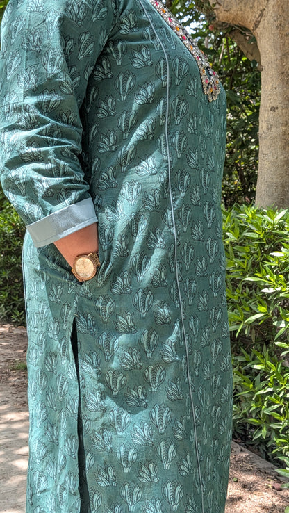Dark Green Floral Block Print Coord Set