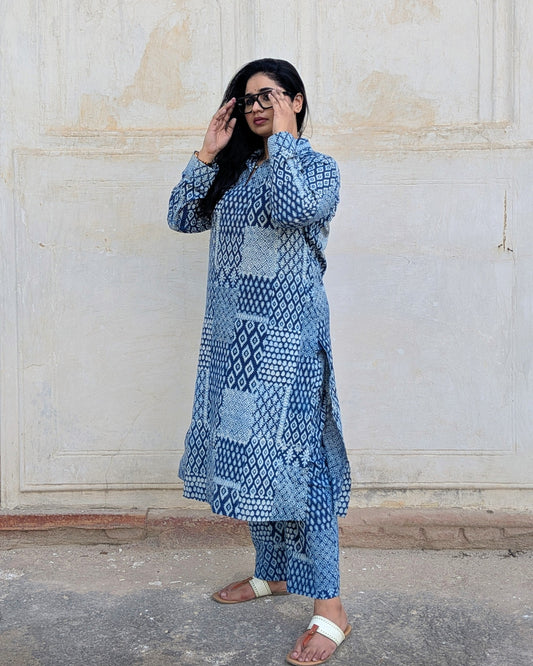 Indigo Multi Pattern Block Print Coord Set