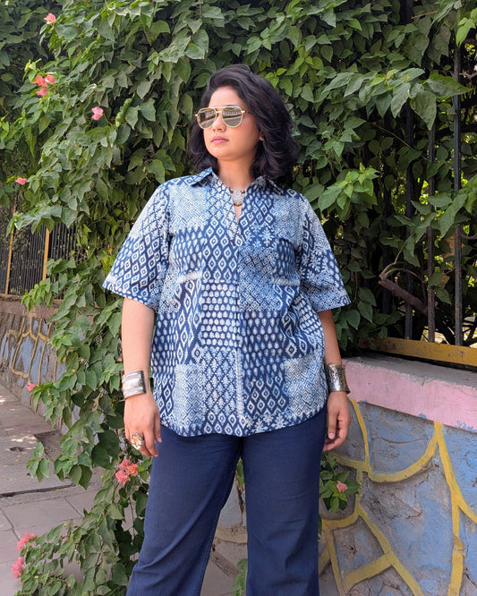 Indigo Multi Print Boxy Cotton Shirt