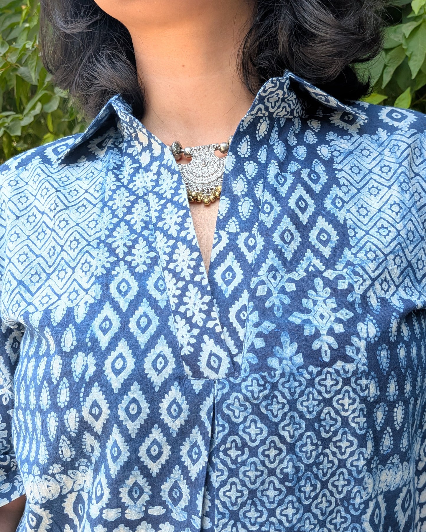 Indigo Multi Print Boxy Cotton Shirt