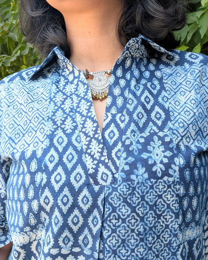 Indigo Multi Print Boxy Cotton Shirt